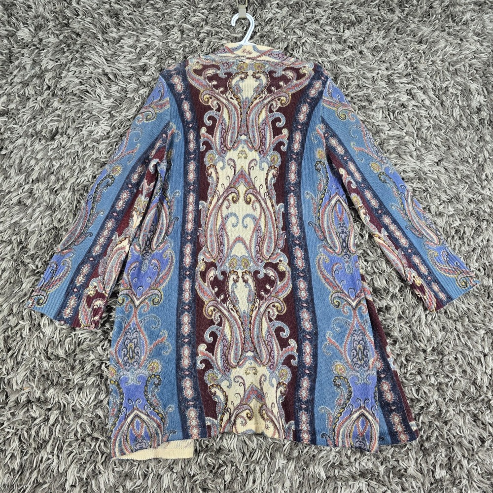 Chicos Paisley Open Front Cardigan Blue Cream Duster Sweater Size 2 L Large - Picture 6 of 7